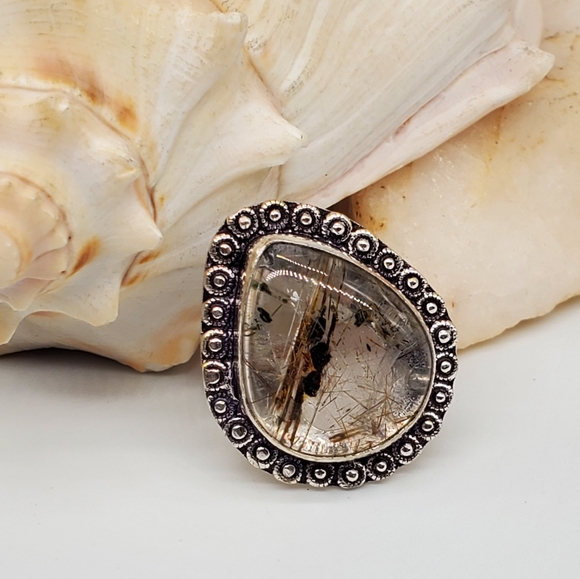 Handmade Artisan Jewelry - Clear Genuine Rutilated Quartz Stone Silver Ring